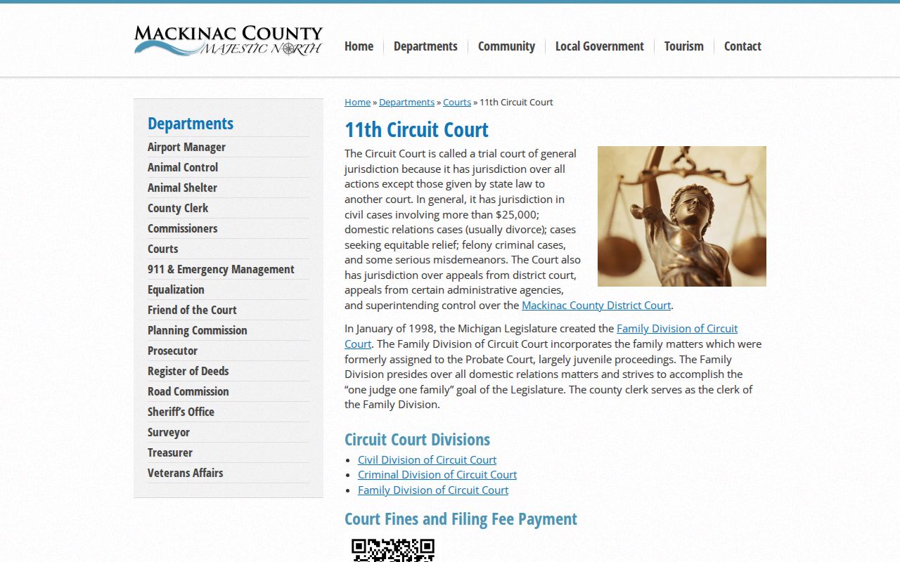 Mackinac County Circuit Court page listing divisions that handle Mackinac County bench warrants after bindover