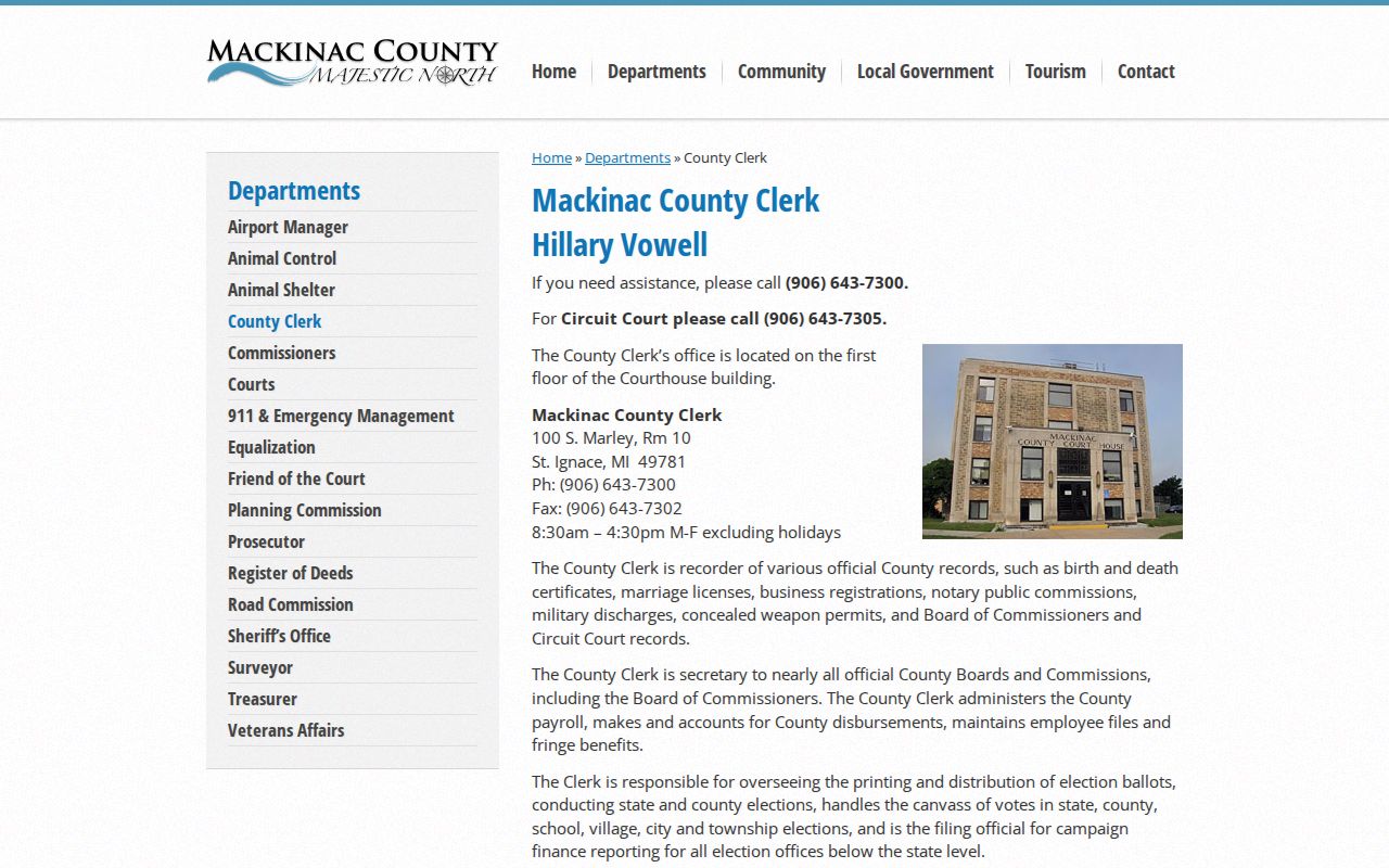 Mackinac County Clerk office page, which holds Circuit Court and Family Division records including Mackinac County bench warrants