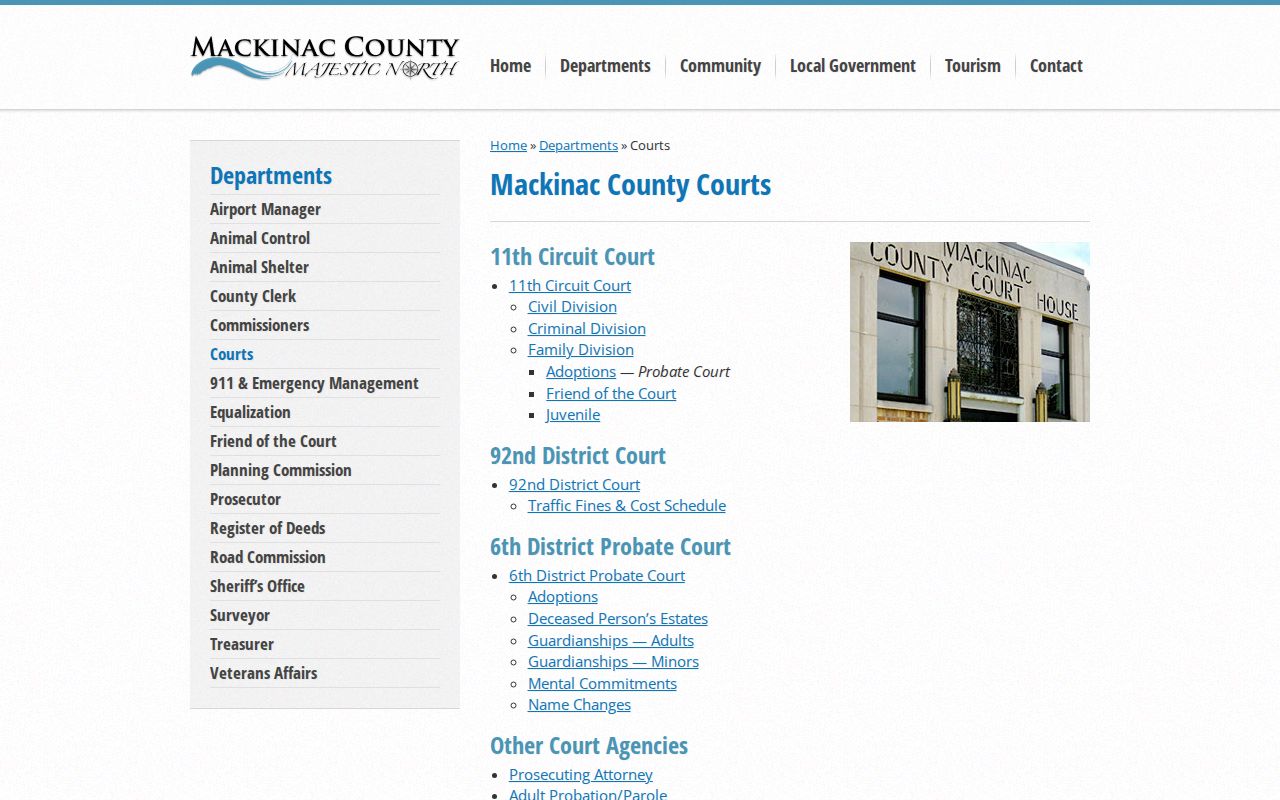 Mackinac County court directory showing the courts that hold Mackinac County warrant records