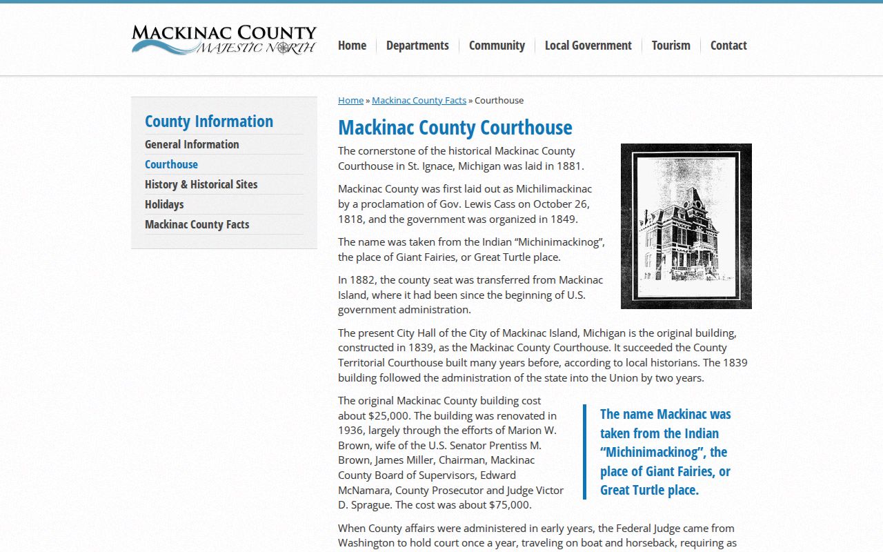 Mackinac County courthouse in St. Ignace, where Mackinac County warrant records are kept