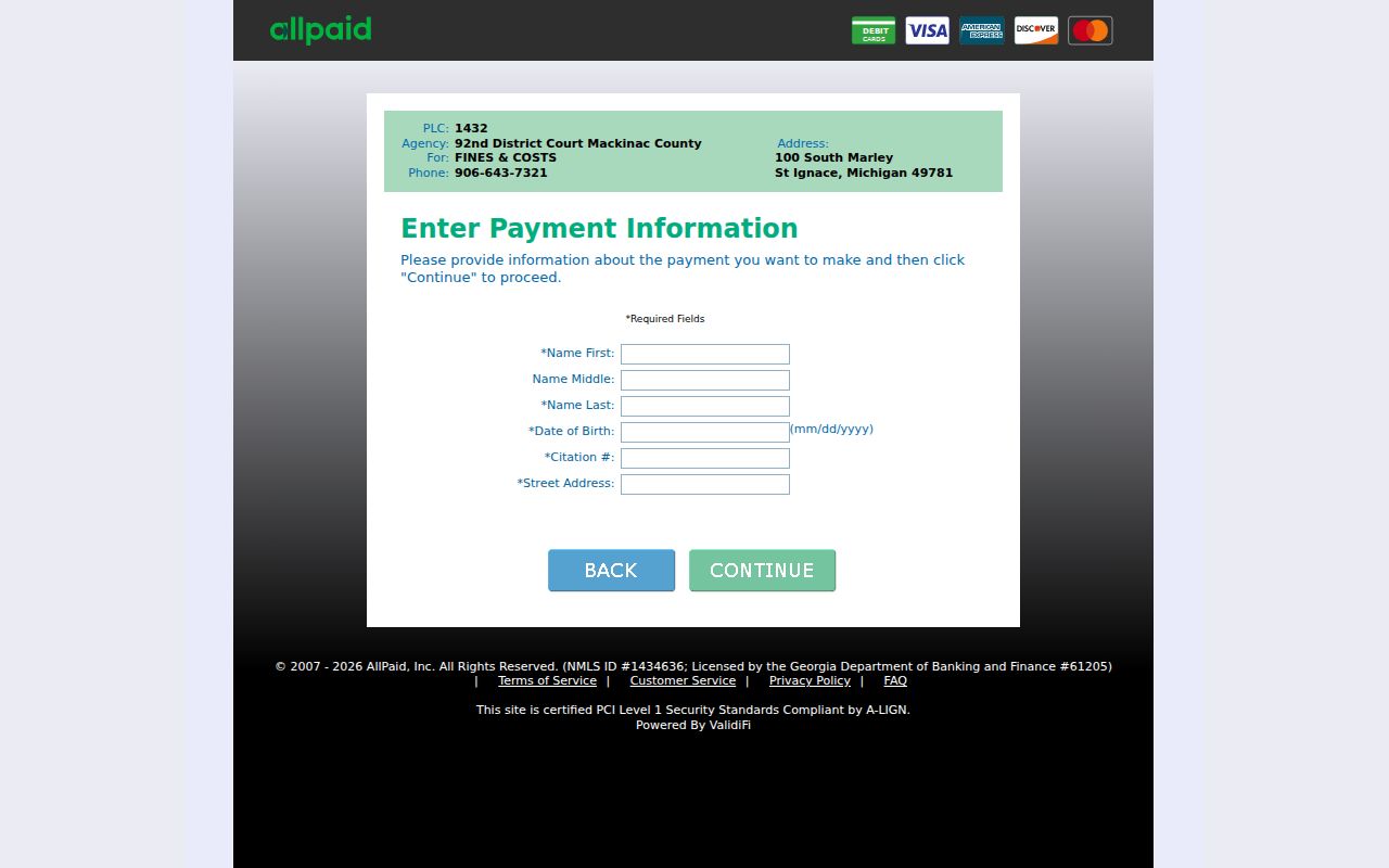 92nd District Court online payment form used for Mackinac County traffic warrant fines and costs