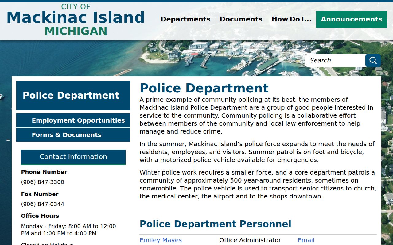 Mackinac Island Police Department page, one of the agencies serving Mackinac County arrest warrants