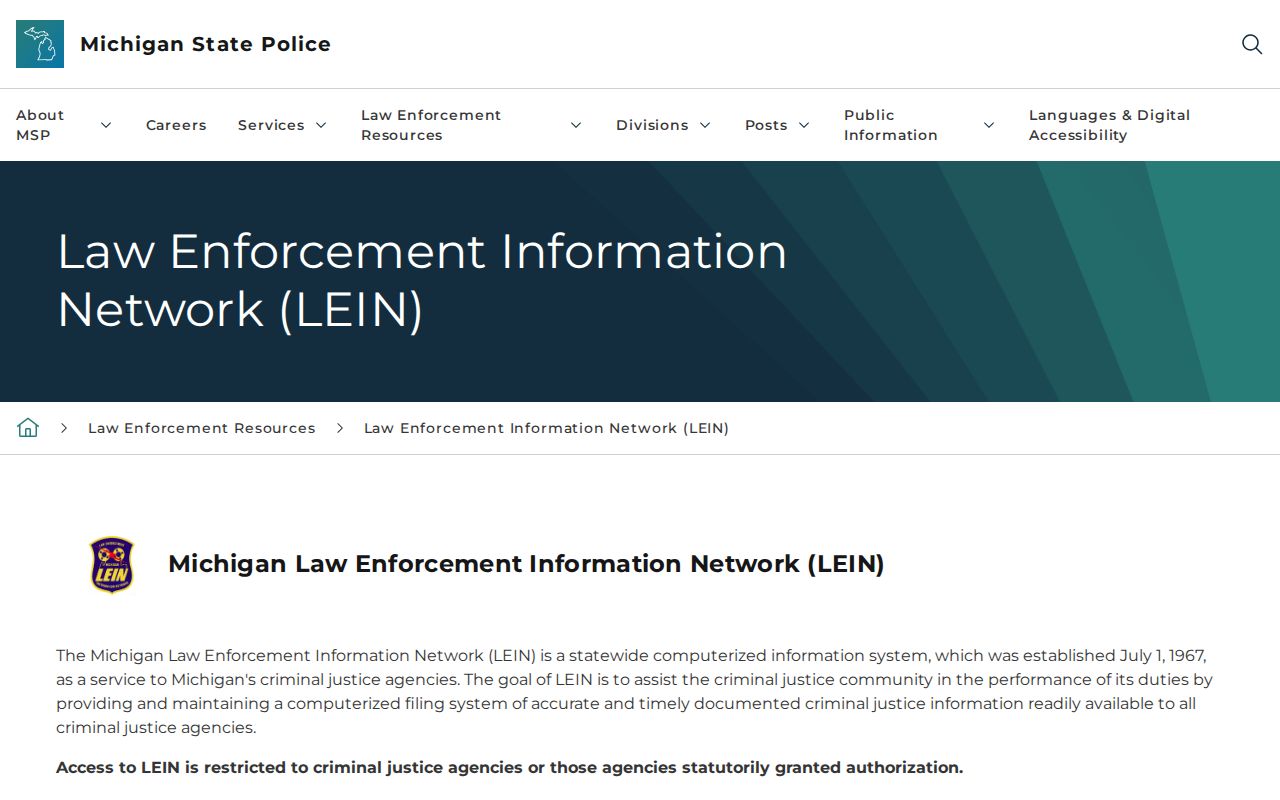 Michigan State Police LEIN overview showing restricted access to Mackinac County active warrant data