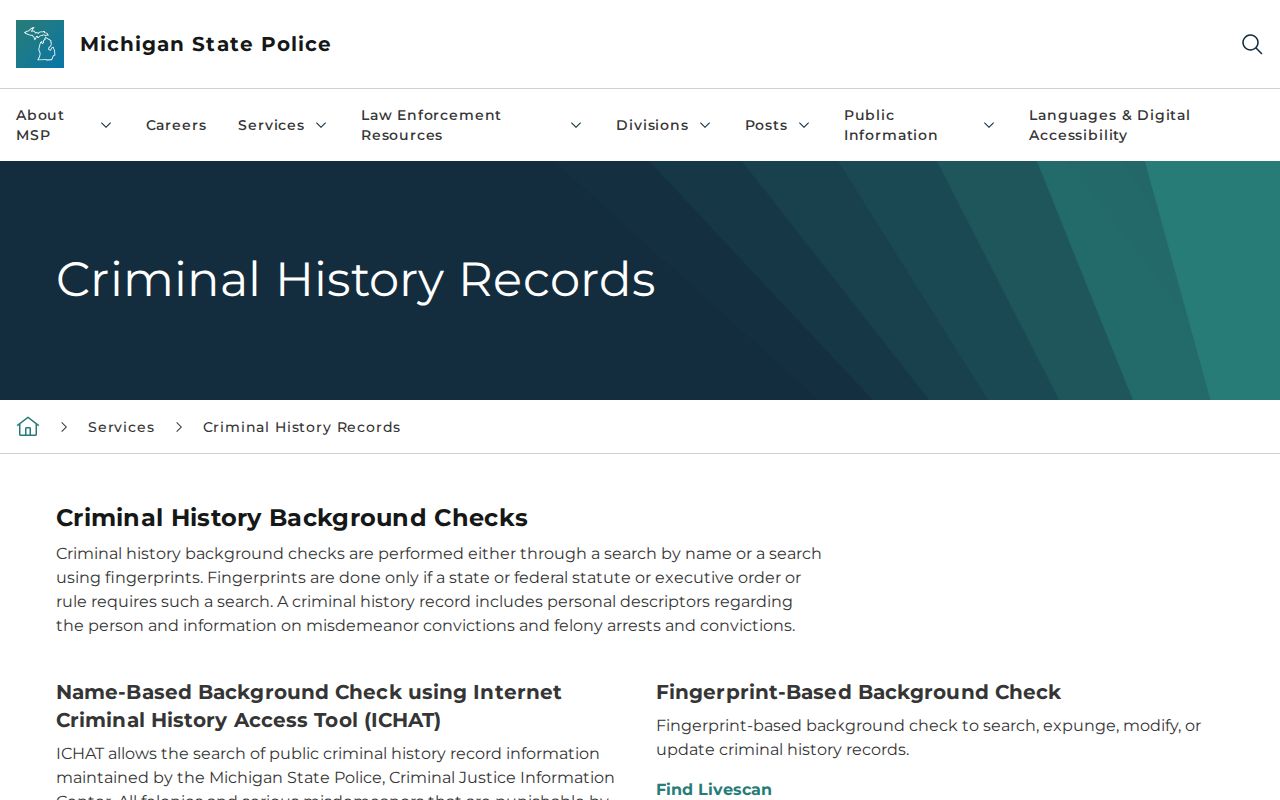 Michigan State Police ICHAT page explaining why Mackinac County active warrant records are not in that system