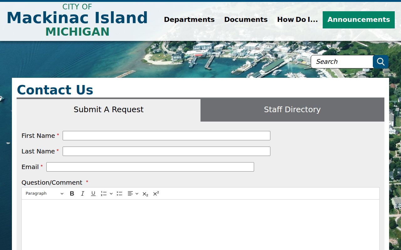 Mackinac Island city contact form, which routes messages but does not return Mackinac Island warrant records