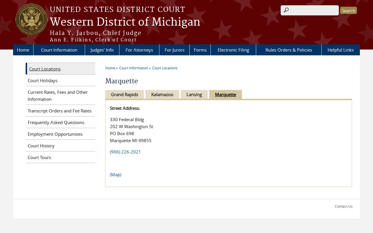 Marquette federal courthouse page for the Western District of Michigan, which handles federal arrest warrants arising in Mackinac County